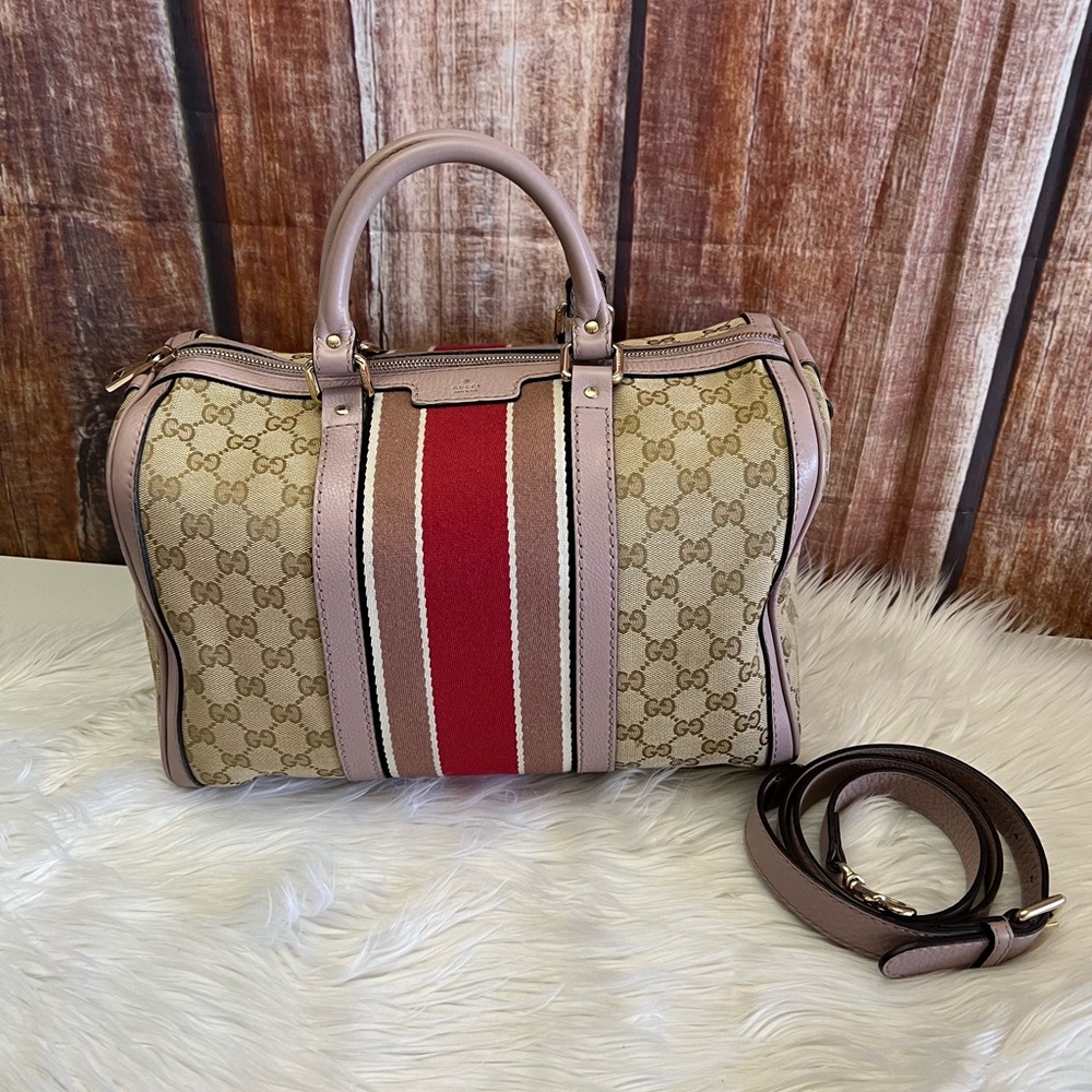 Gucci Cream and Red Satchel with Signature Style